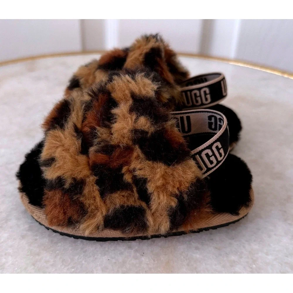 UGG Infant Fluff Yeah Leopard Print Faux Fur Slingback Slides Sandals Size 4/5